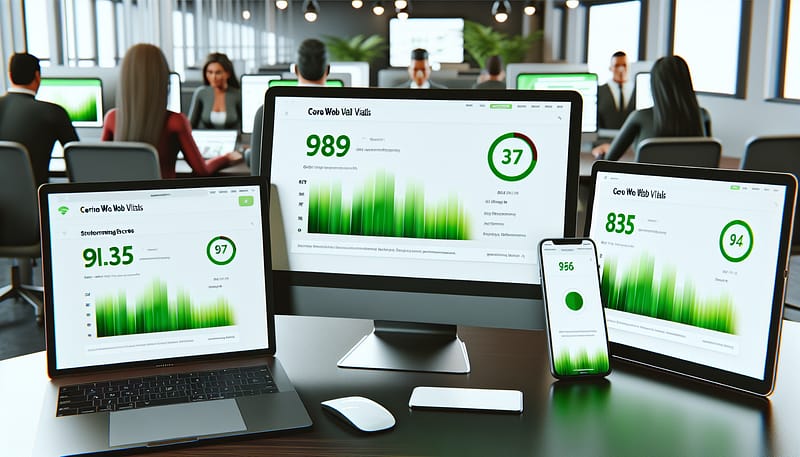Core Web Vitals WordPress dashboard toont groene scores op alle devices