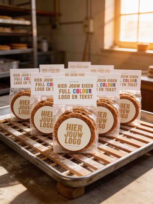 4 mini stroopwafels met chocolade schildje in customized verpakking