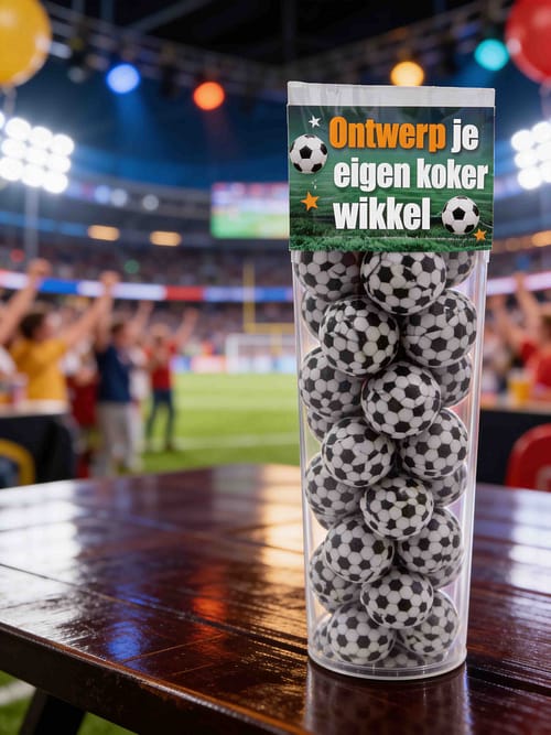 Chocolade voetballetjes in koker met logo