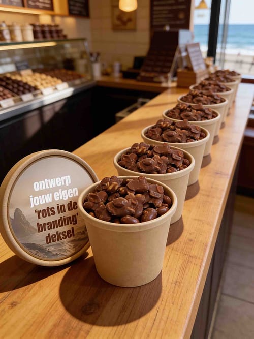 Beker met chocolade pindarotsjes en gepersonaliseerde deksel