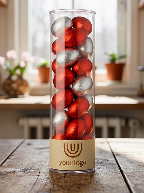 Paaseitjes in koker met logo